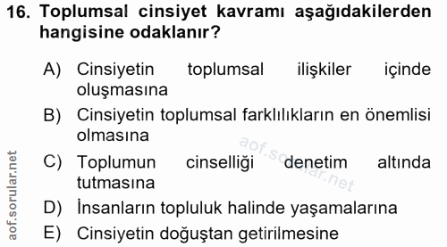 16. soru: Toplumsal cinsiyet kavramı aşağıdakilerden hangisine odaklanır? A) Cinsiyetin toplumsal ilişkiler içinde oluşmasına B…