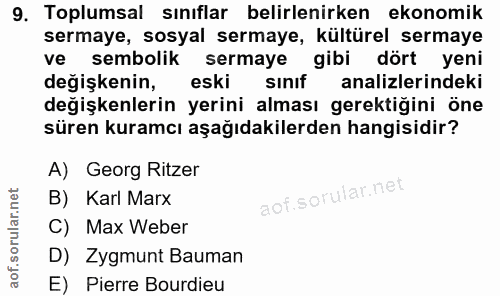 9. soru: Toplumsal sınıflar belirlenirken ekonomik sermaye, sosyal sermaye, kültürel sermaye ve sembolik sermaye gibi dört yen…