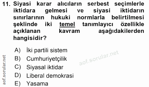 11. soru: Siyasi karar alıcıların serbest seçimlerle iktidara gelmesi ve siyasi iktidarın sınırlarının hukuki normlarla belirti…
