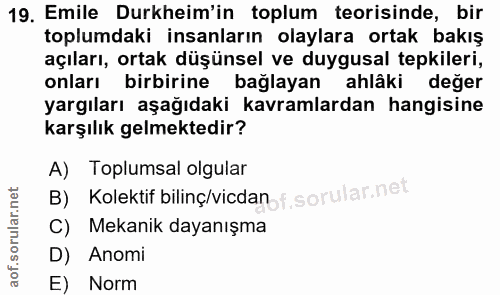 19. soru: Emile Durkheim'in toplum teorisinde, bir toplumdaki insanların olaylara ortak bakış açıları, ortak düşünsel ve duygus…