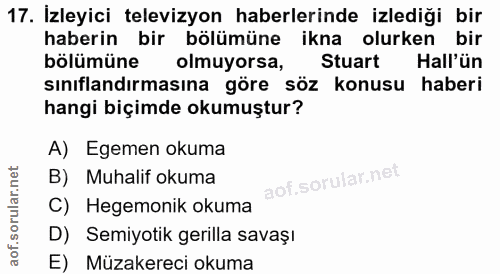 17. soru: İzleyici televizyon haberlerinde izlediği bir haberin bir bölümüne ikna olurken bölümüne olmuyorsa, Stuart Hall'ün sı…