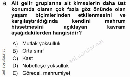 6. soru: Alt gelir gruplarına ait kimselerin daha üst konumda olanın çok fazla göz önünde olan yaşam biçimlerinden etkilenmesi…