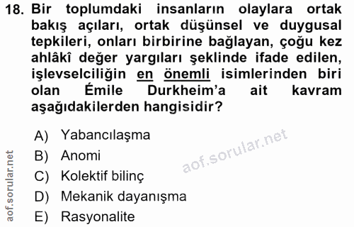 18. soru: Bir toplumdaki insanların olaylara ortak bakış açıları, ortak düşünsel ve duygusal tepkileri, onları birbirine bağlay…