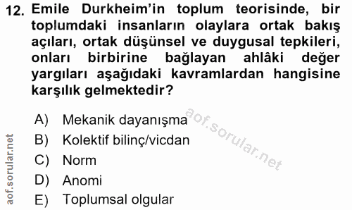12. soru: Emile Durkheim'in toplum teorisinde, bir toplumdaki insanların olaylara ortak bakış açıları, ortak düşünsel ve duygus…