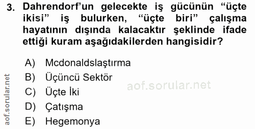 3. soru: Dahrendorf'un gelecekte iş gücünün "üçte ikisi" iş bulurken, "üçte biri" çalışma hayatının dışında kalacaktır şeklind…