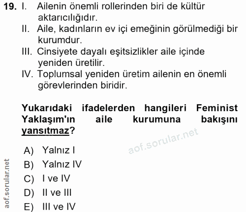 19. soru: 1. Ailenin önemli rollerinden biri de kültür aktarıcılığıdır. II. Aile, kadınların ev içi emeğinin görülmediği bir ku…