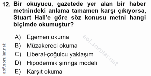 12. soru: Bir okuyucu, gazetede yer alan bir haber metnindeki anlama tamamen karşı çıkıyorsa, Stuart Hall'e göre söz konusu met…