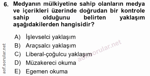 6. soru: Medyanın mülkiyetine sahip olanların medya ve içerikleri üzerinde doğrudan bir kontrole sahip olduğunu belirten yakla…
