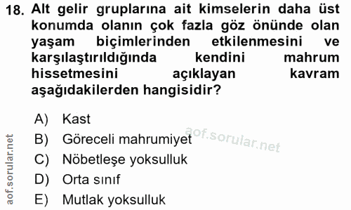 18. soru: Alt gelir gruplarına ait kimselerin daha üst konumda olanın çok fazla göz önünde olan yaşam biçimlerinden etkilenmesi…