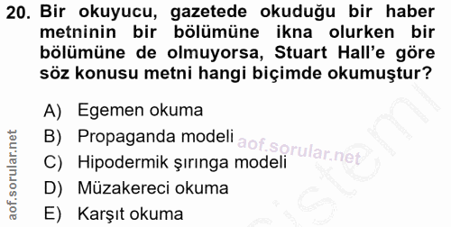 20. soru: Bir okuyucu, gazetede okuduğu bir haber metninin bir bölümüne ikna olurken bir bölümüne de olmuyorsa, Stuart Hall'e g…