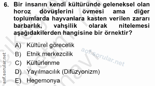 6. soru: Bir insanın kendi kültüründe geleneksel olan horoz dövüşlerini övmesi ama diğer toplumlarda hayvanlara kasten verilen…