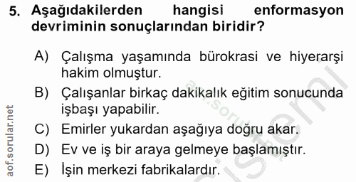 5. soru: Aşağıdakilerden hangisi enformasyon devriminin sonuçlarından biridir? A) Çalışma yaşamında bürokrasi ve hiyerarşi hak…