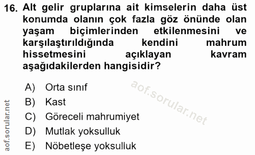 16. soru: Alt gelir gruplarına ait kimselerin daha üst konumda olanın çok fazla göz önünde olan yaşam biçimlerinden etkilenmesi…