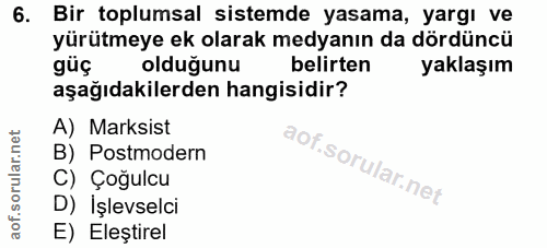 6. soru: Bir toplumsal sistemde yasama, yargı ve yürütmeye ek olarak medyanın da dördüncü güç olduğunu belirten yaklaşım aşağı…