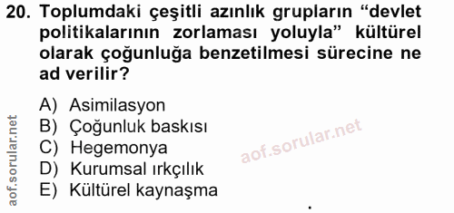 20. soru: Toplumdaki çeşitli azınlık grupların "devlet politikalarının zorlaması yoluyla" kültürel olarak çoğunluğa benzetilmes…