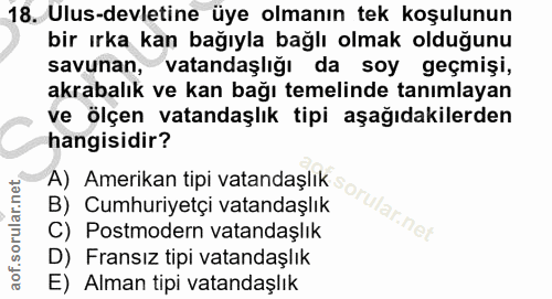18. soru: Ulus-devletine üye olmanın tek koşulunun bir ırka kan bağıyla bağlı olmak olduğunu savunan, vatandaşlığı da soy geçmi…