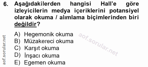 6. soru: Aşağıdakilerden hangisi Hall'e göre izleyicilerin medya içeriklerini potansiyel olarak okuma / alımlama biçimlerinden…