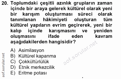 20. soru: Toplumdaki çeşitli azınlık grupların zaman içinde bir araya gelerek kültürel olarak yeni bir karışım oluşturması süre…