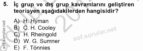 5. soru: Iç grup ve dış grup kavramlarını geliştiren teorisyen aşağıdakilerden hangisidir? A) H. Hyman B) C. H. Cooley C) H. R…