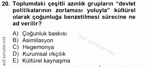 20. soru: Toplumdaki çeşitli azınlık grupların "devlet politikalarının zorlaması yoluyla" kültürel olarak çoğunluğa benzetilmes…