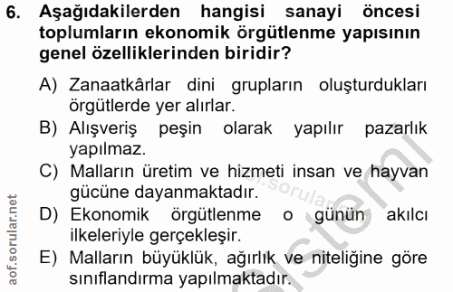 6. soru: Aşağıdakilerden hangisi sanayi öncesi toplumların ekonomik örgütlenme yapısının genel özelliklerinden biridir? A) Zan…
