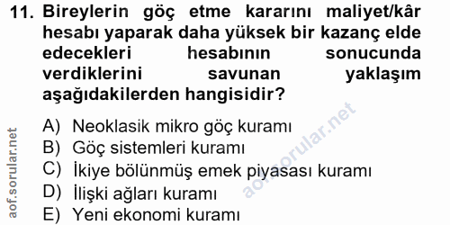 11. soru: Bireylerin göç etme kararını maliyet/kâr hesabı yaparak daha yüksek bir kazanç elde edecekleri hesabının sonucunda ve…