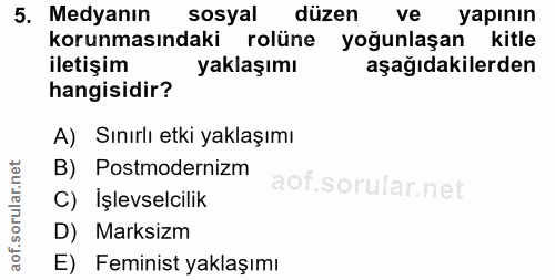 5. soru: Medyanın sosyal düzen ve yapının korunmasındaki rolüne yoğunlaşan kitle iletişim yaklaşımı aşağıdakilerden hangisidir…