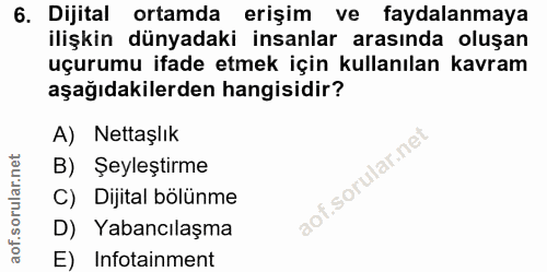 6. soru: Dijital ortamda erişim ve faydalanmaya ilişkin dünyadaki insanlar arasında oluşan uçurumu ifade etmek için kullanılan…