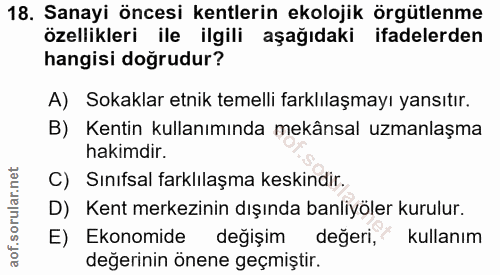 18. soru: Sanayi öncesi kentlerin ekolojik örgütlenme özellikleri ile ilgili aşağıdaki ifadelerden hangisi doğrudur? A) Sokakla…