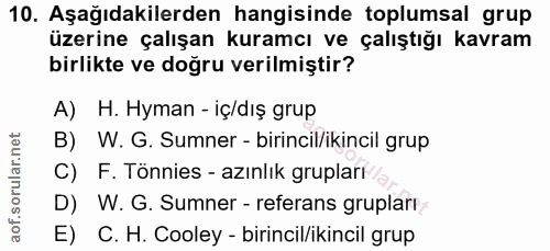 10. soru: Aşağıdakilerden hangisinde toplumsal grup üzerine çalışan kuramcı ve çalıştığı kavram birlikte ve doğru verilmiştir?…