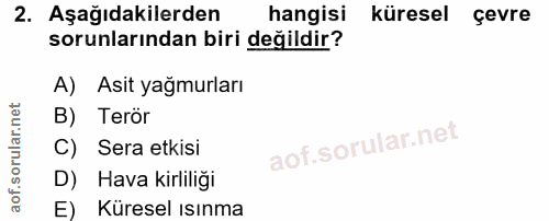 2. soru: Aşağıdakilerden hangisi küresel çevre sorunlarından biri değildir? A) Asit yağmurları B) Terör C) Sera etkisi D) Hava…