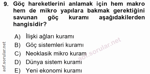 9. soru: Göç hareketlerini anlamak için hem makro hem de mikro yapılara bakmak gerektiğini savunan göç kuramı aşağıdakilerden…