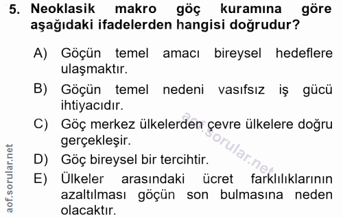 5. soru: Neoklasik makro l göç kuramına göre aşağıdaki ifadelerden hangisi doğrudur? A) Göçün temel amacı bireysel hedeflere u…