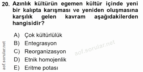 20. soru: Azınlık kültürün egemen kültür içinde yeni bir kalıpta karışması ve yeniden oluşmasına karşılık gelen kavram aşağıdak…
