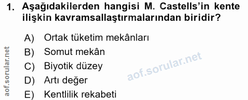 1. soru: Aşağıdakilerden hangisi M. Castells'in kente ilişkin kavramsallaştırmalarından biridir? A) Ortak tüketim mekânları B)…