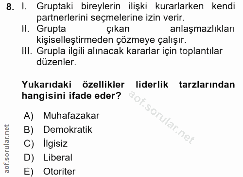 8. soru: I. Gruptaki bireylerin ilişki kurarlarken kendi partnerlerini seçmelerine izin verir. II. Grupta çıkan anlaşmazlıklar…