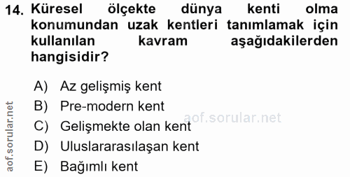 14. soru: Küresel ölçekte dünya kenti olma konumundan uzak kentleri tanimlamak için kullanılan kavram aşağıdakilerden hangisidi…