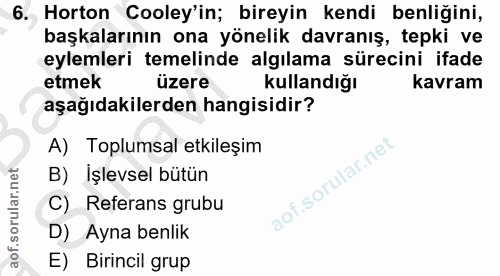 6. soru: Horton Cooley'in; bireyin kendi benliğini, başkalarının ona yönelik davranış, tepki ve eylemleri temelinde algılama s…