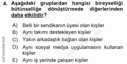 4. soru: Aşağıdaki gruplardan hangisi bireyselliği bütünselliğe dönüştürmede diğerlerinden daha etkilidir? A) Belli bir sendik…