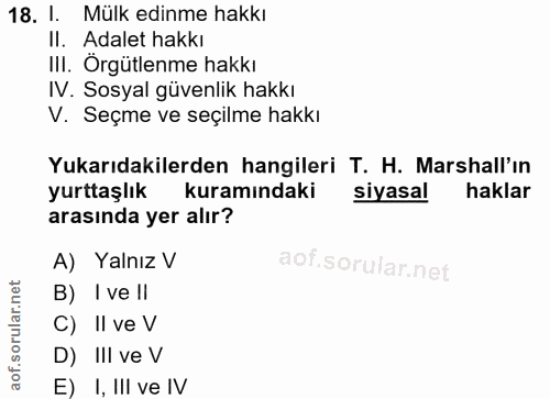 18. soru: l. Mülk edinme hakkı Il. Adalet hakkı III. Örgütlenme hakkı IV. Sosyal güvenlik hakkı V. Seçme ve seçilme hakkı Yukar…