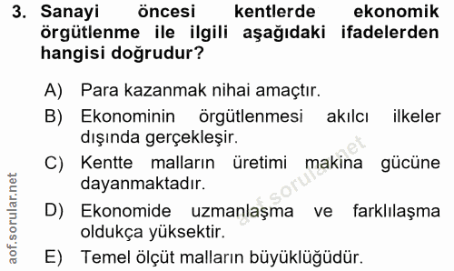3. soru: Sanayi öncesi kentlerde ekonomik örgütlenme ile ilgili aşağıdaki ifadelerden hangisi doğrudur? A) Para kazanmak nihai…