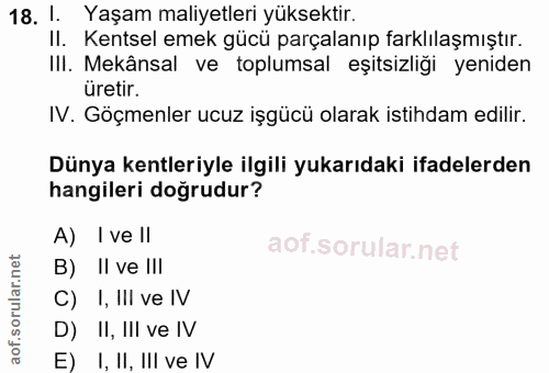 18. soru: I. Yaşam maliyetleri yüksektir. II. Kentsel emek gücü parçalanıp farklılaşmıştır. IlI. Mekânsal ve toplumsal eşitsizl…