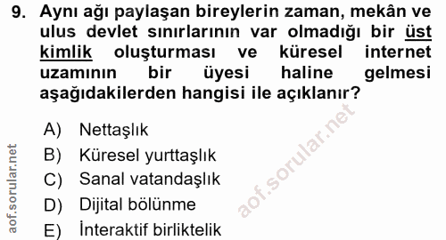 9. soru: Aynı ağı paylaşan bireylerin zaman, mekân ve ulus devlet sınırlarının var olmadığı bir üst kimlik oluşturması ve küre…