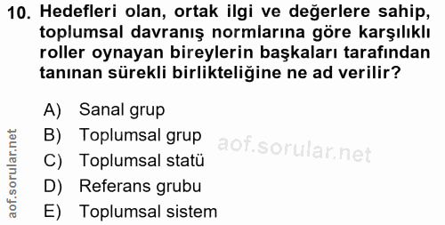 10. soru: Hedefleri olan, ortak ilgi ve değerlere sahip, toplumsal davranış normlarına göre karşılıklı roller oynayan bireyleri…