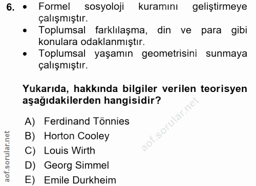 6. soru: • Formel sosyoloji kuramını geliştirmeye çalışmıştır. Toplumsal farklılaşma, din ve para gibi konulara odaklanmıştır.…
