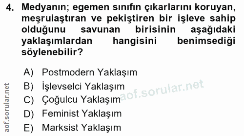 4. soru: Medyanın; egemen sınıfın çıkarlarını koruyan, meşrulaştıran ve pekiştiren bir işleve sahip olduğunu savunan birisinin…