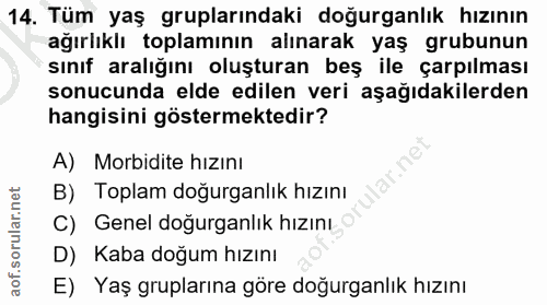 14. soru: Tüm yaş gruplarındaki doğurganlık hızının ağırlıklı toplamının alınarak yaş grubunun sınıf aralığını oluşturan beş il…