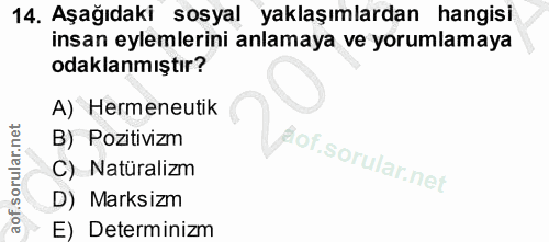 14. soru: Aşağıdaki sosyal yaklaşımlardan hangisi insan eylemlerini anlamaya ve yorumlamaya odaklanmıştır? A) Hermeneutik B) Po…