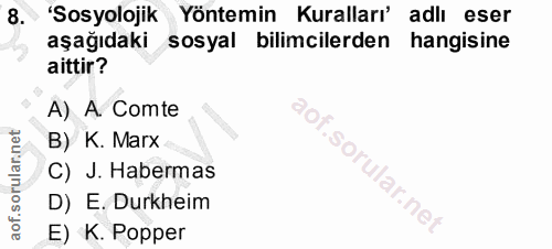 8. soru: 'Sosyolojik Yöntemin Kuralları' adlı eser aşağıdaki sosyal bilimcilerden hangisine aittir? A) A. Comte B) K. Marx C)…