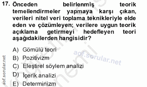 17. soru: Önceden belirlenmiş teorik temellendirmeler yapmaya karşı çıkan, verileri nitel veri toplama teknikleriyle elde eden…